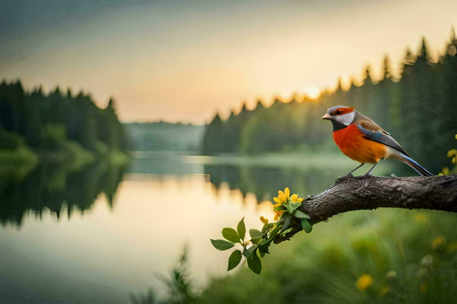 a red bird sits on a branch near a lake. AI-Generated photo