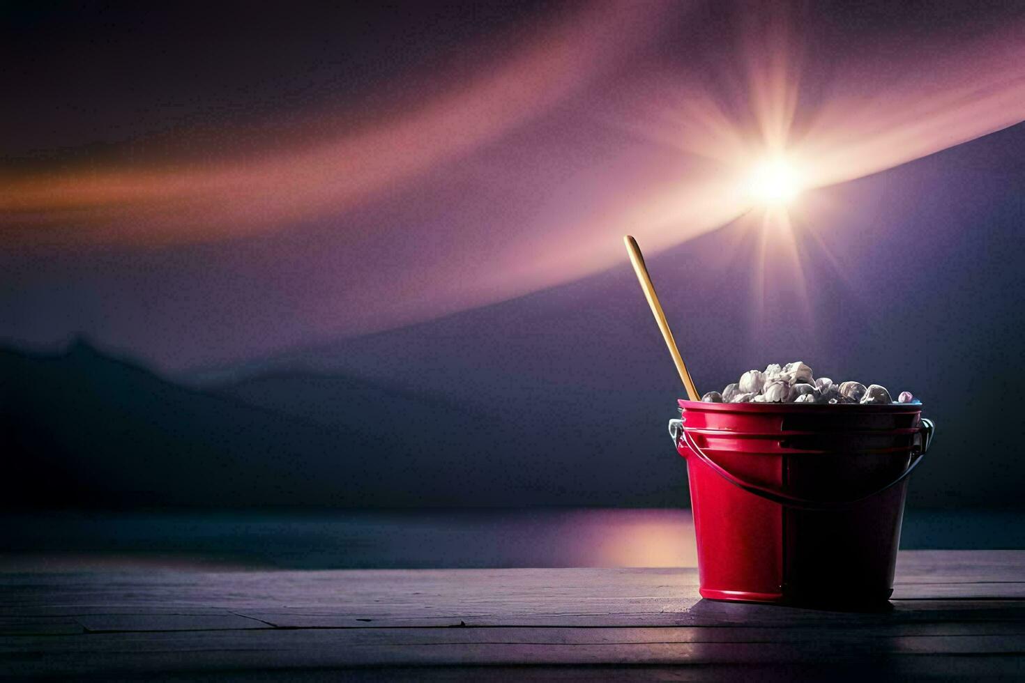 a bucket of popcorn on a wooden table with a light shining in the background. AI-Generated photo