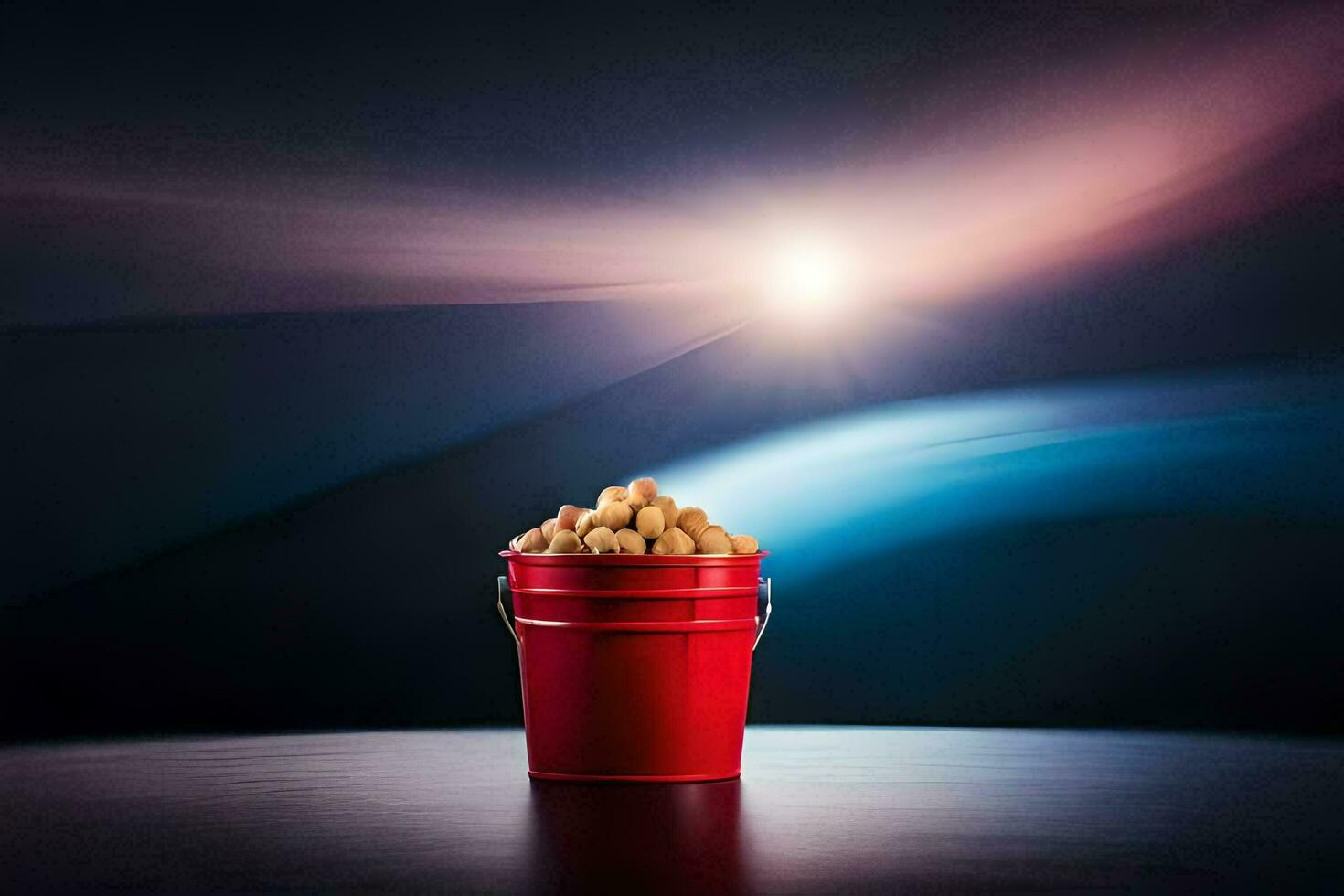 a red bucket filled with peanuts on a table. AI-Generated photo