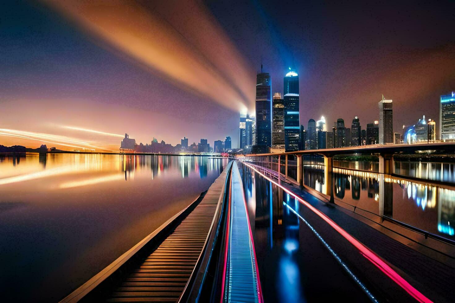 a long exposure photograph of the city skyline at night. AI-Generated photo