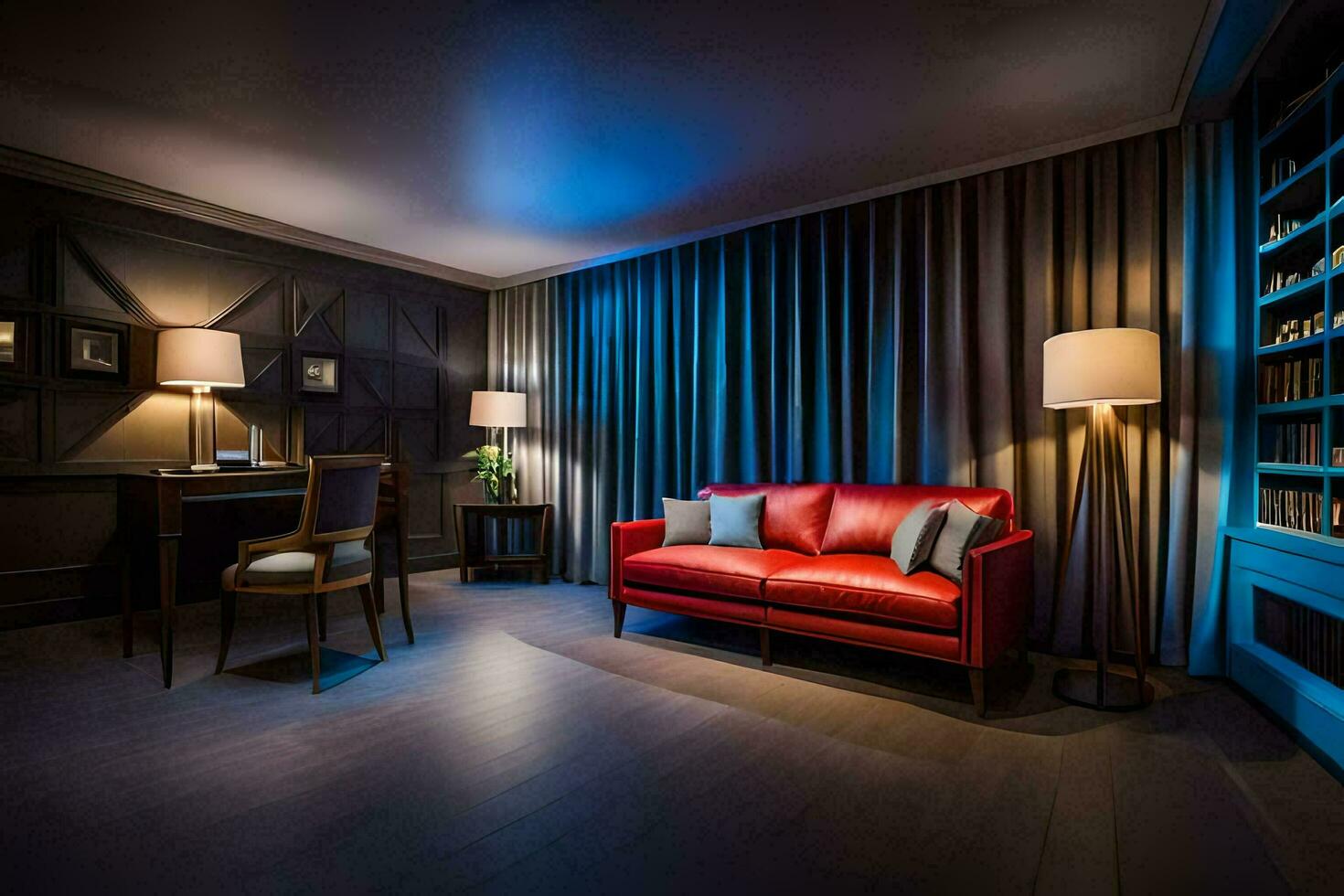 a room with a red couch and a lamp. AI-Generated photo