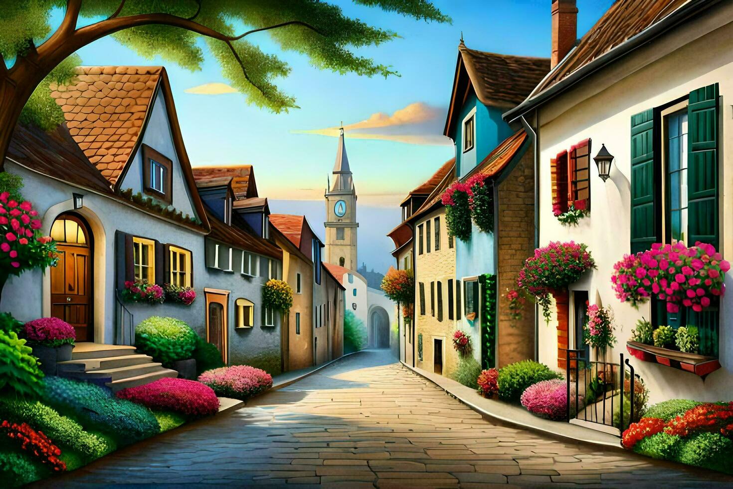 an illustration of a street in a town with flowers. AI-Generated photo