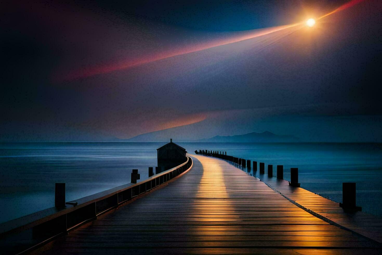 a pier with a boat in the distance at night. AI-Generated photo