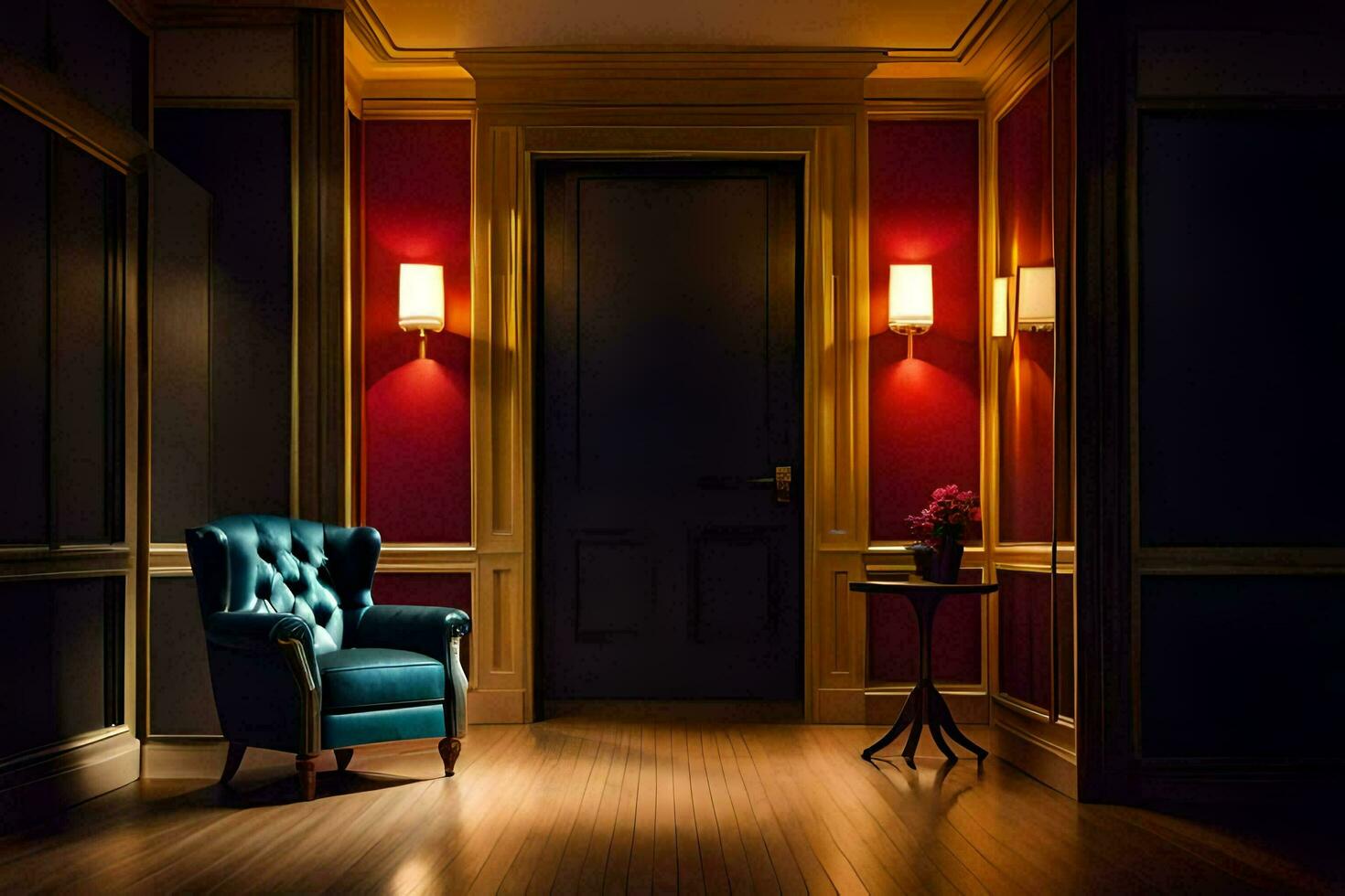 a chair sits in front of a door and red walls. AI-Generated photo