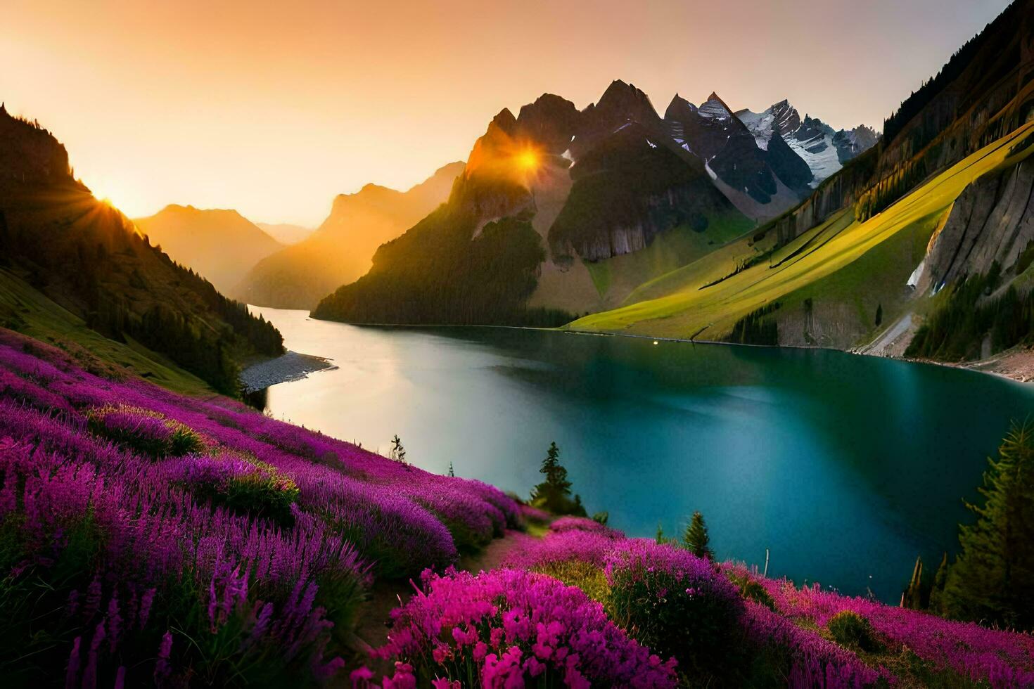 el Dom sube terminado un lago y púrpura flores en el montañas. generado por ai foto