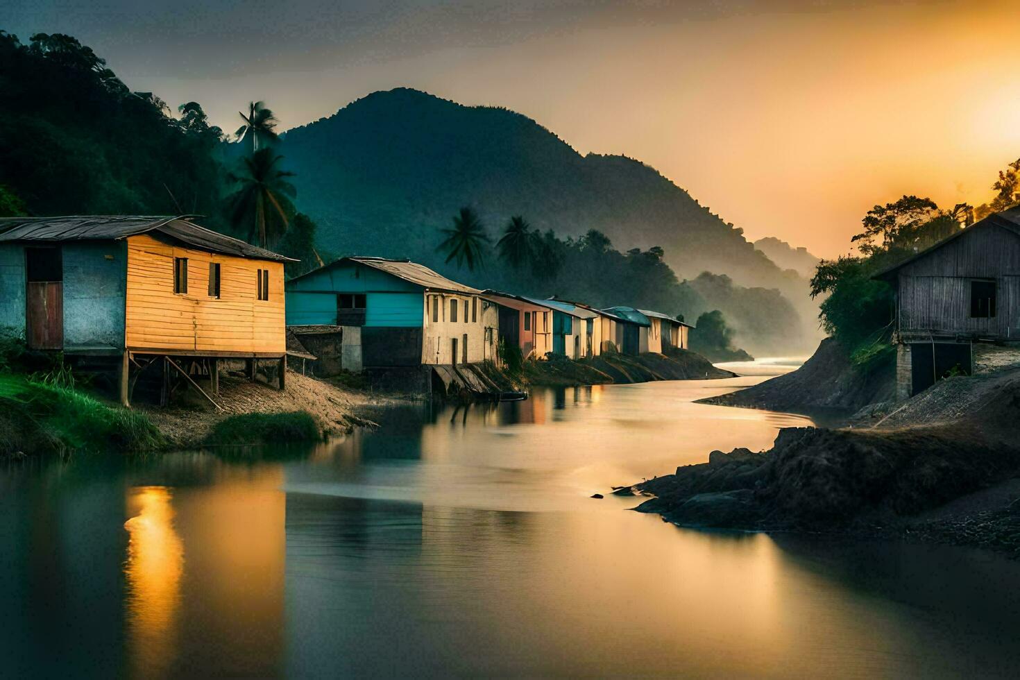 a river in the mountains with houses along the shore. AI-Generated photo