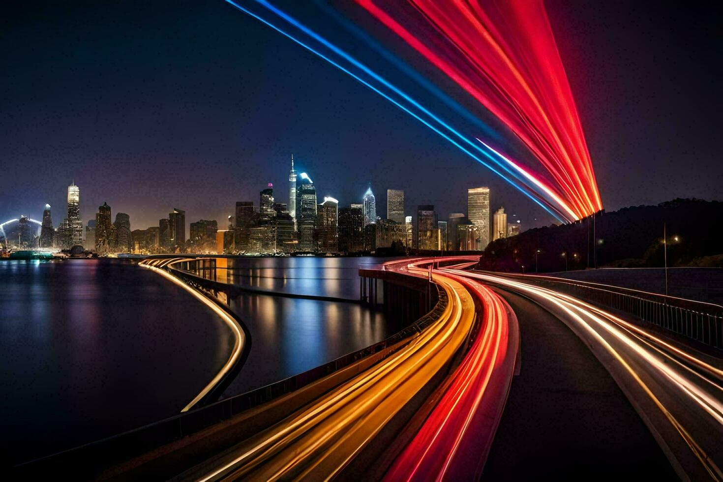 a long exposure photo of a city skyline at night. AI-Generated