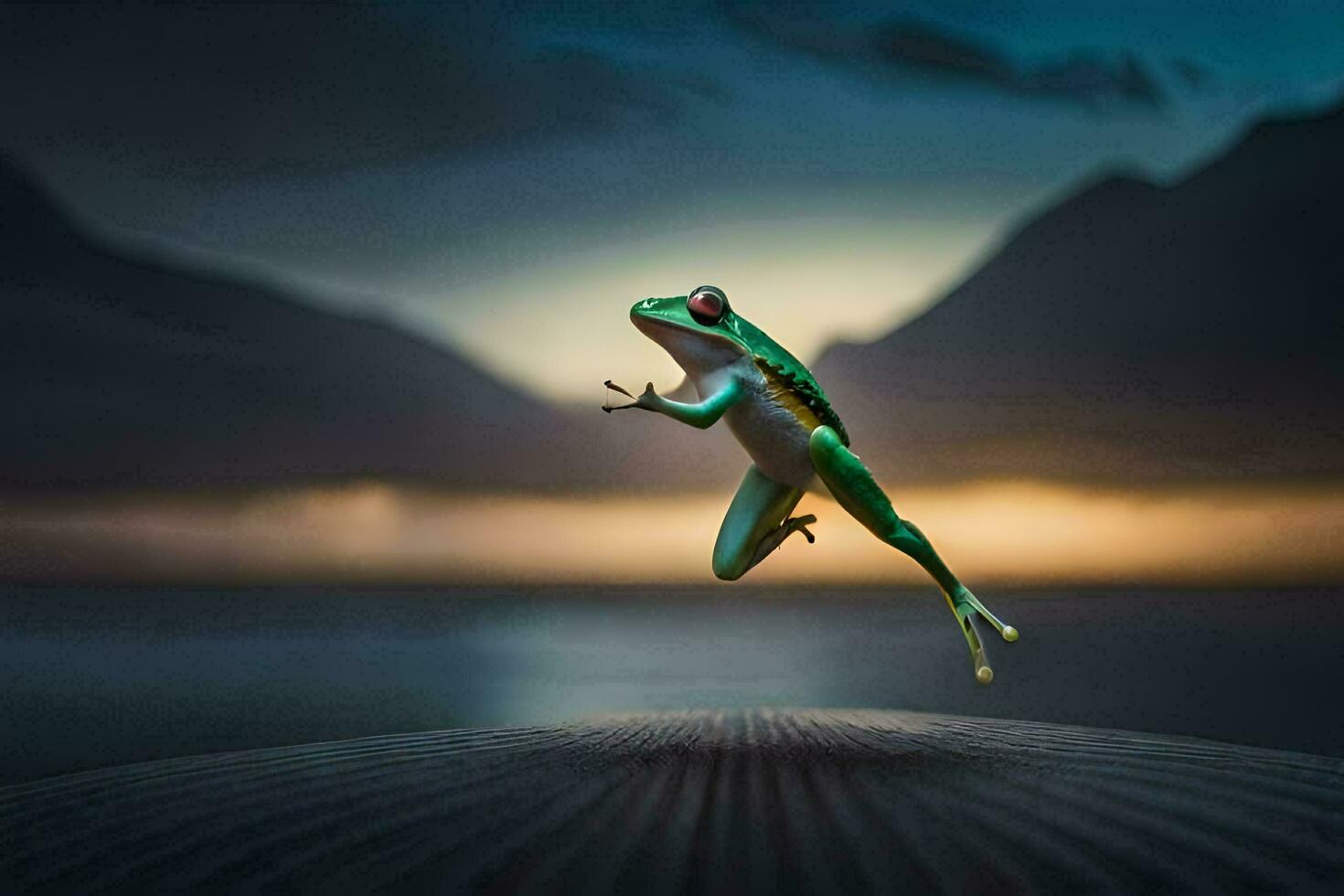 a frog jumping in the air with a sunset in the background. AI-Generated photo