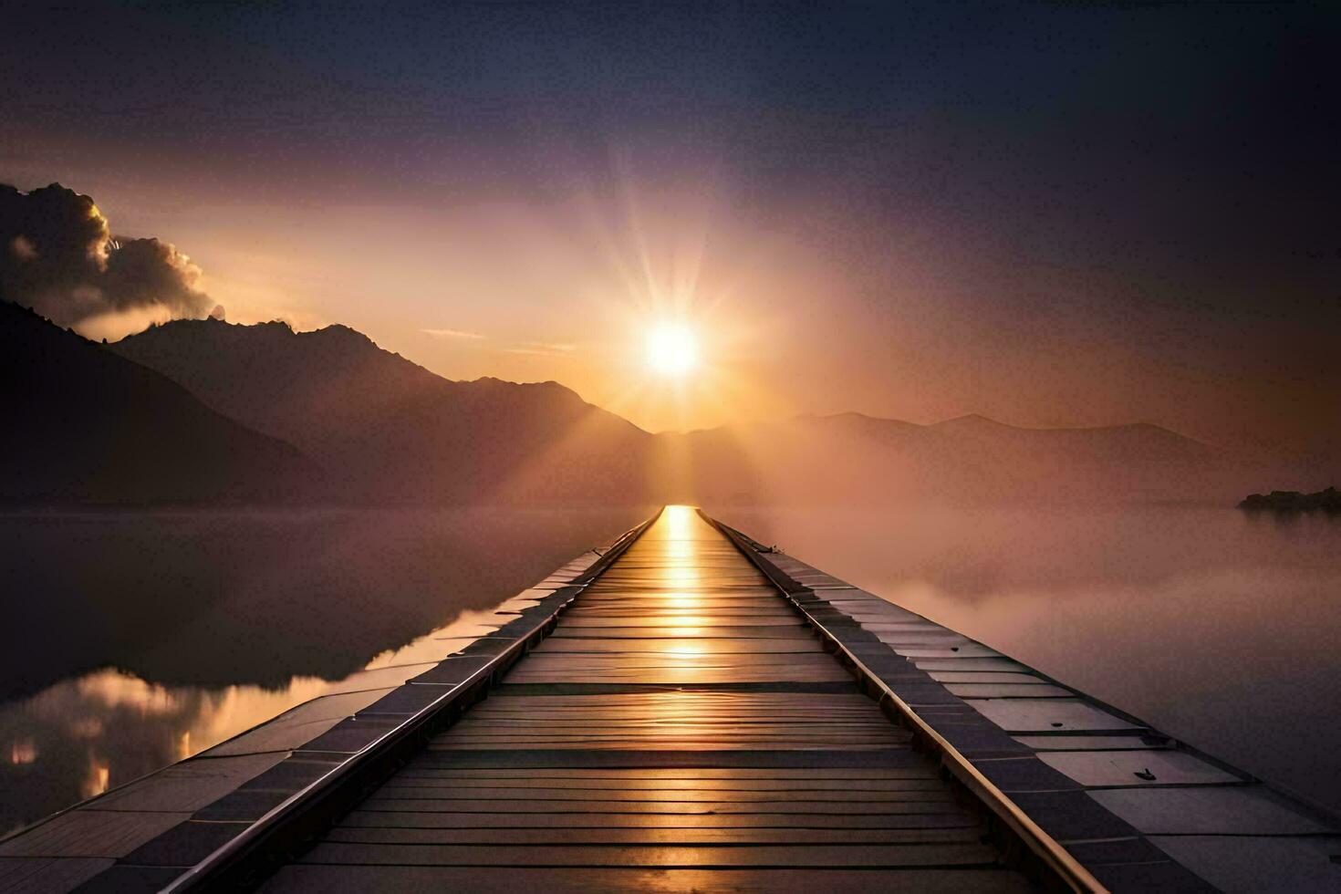a wooden bridge over a lake with the sun shining. AI-Generated photo