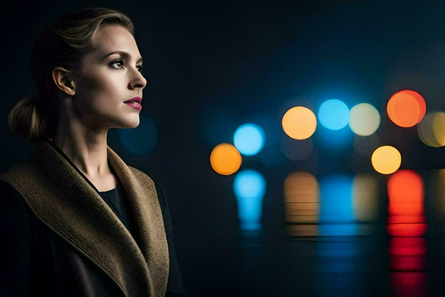 a woman in a dark coat and scarf looking off into the distance. AI-Generated photo