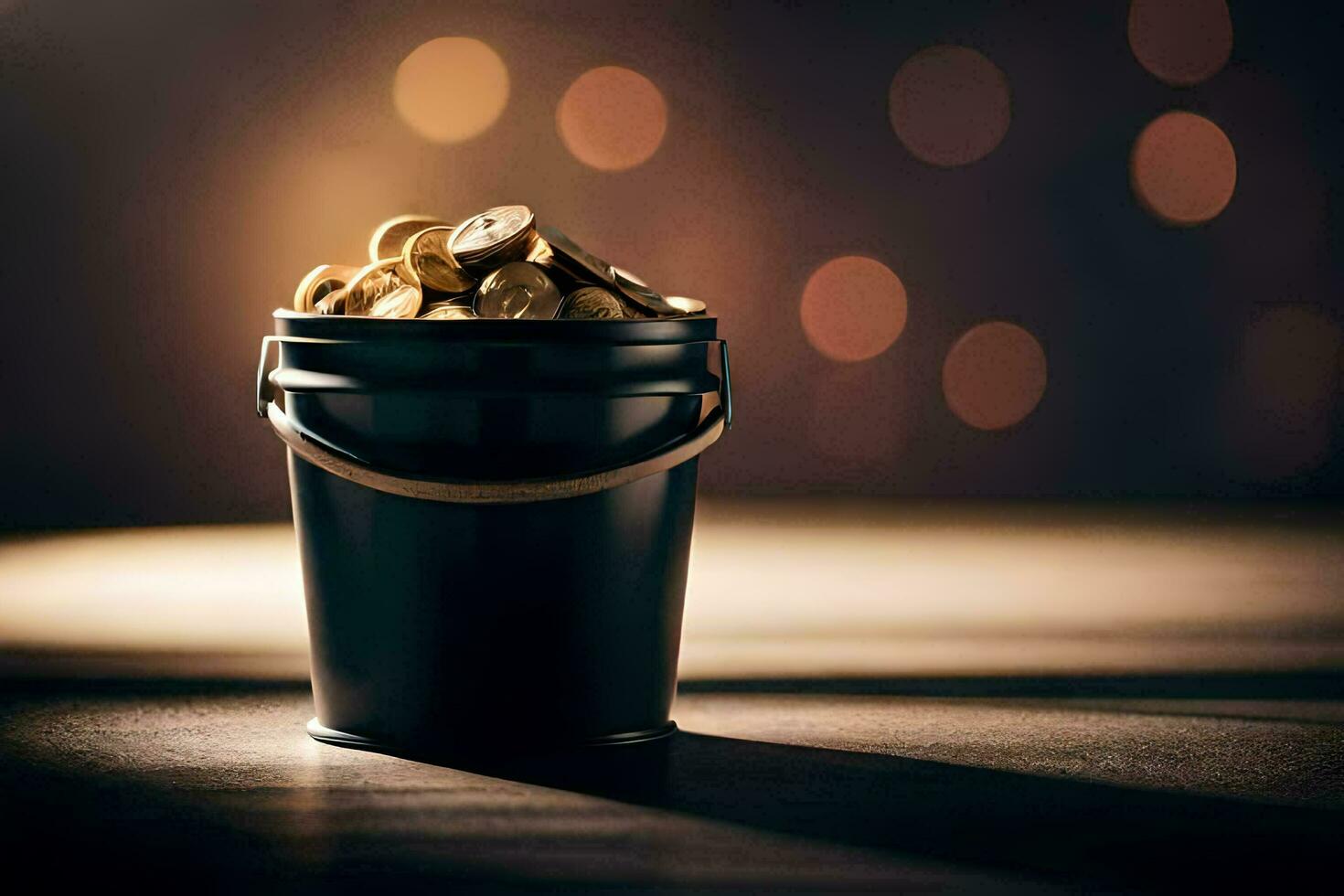 a bucket filled with gold coins on a table. AI-Generated photo