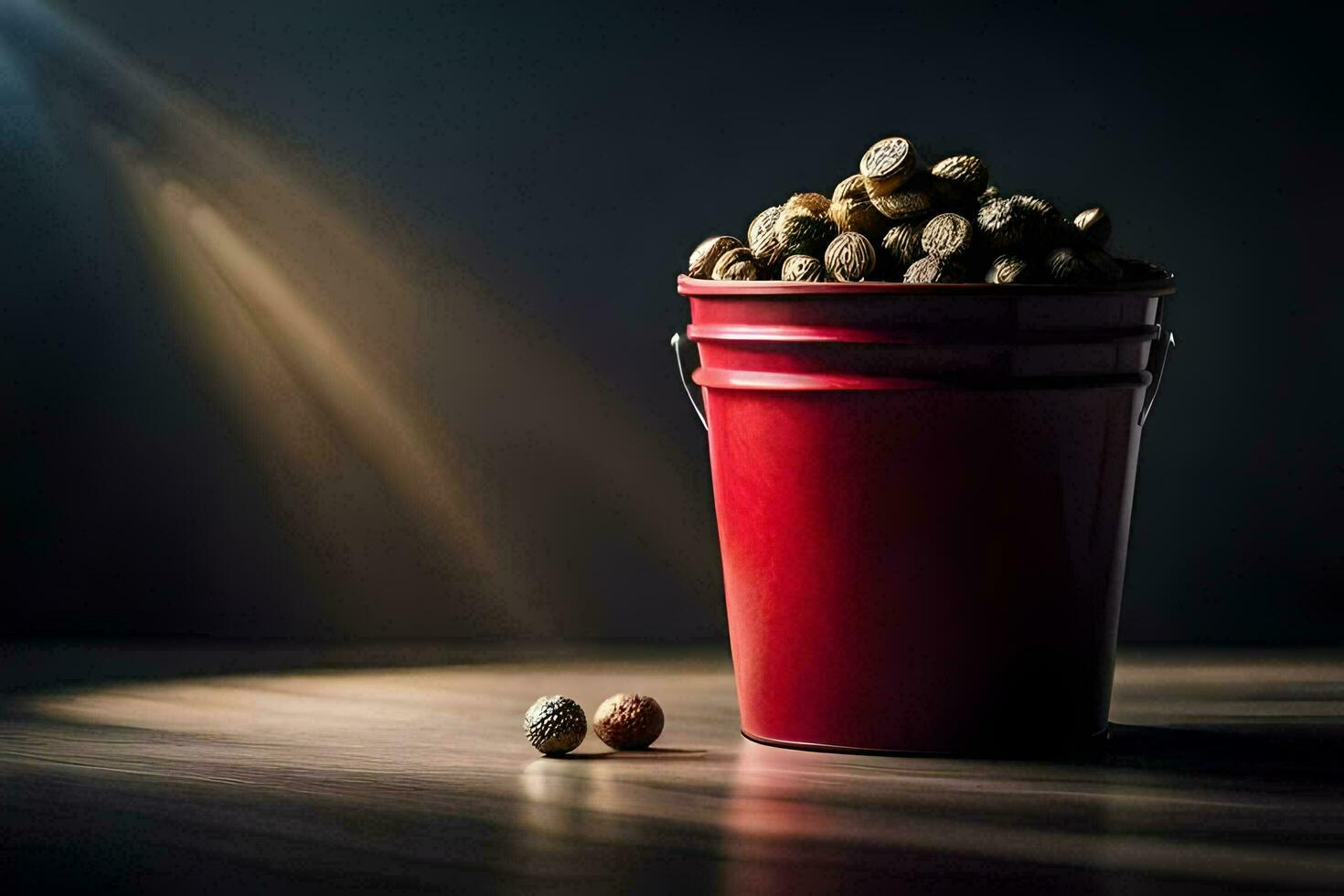 a red bucket filled with nuts on a wooden table. AI-Generated photo