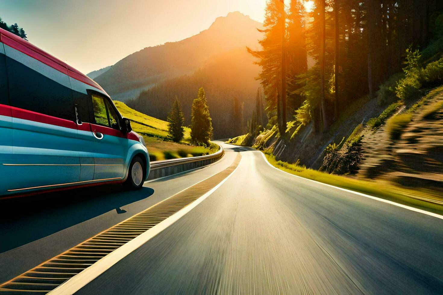 a red and blue bus driving down a mountain road. AI-Generated photo