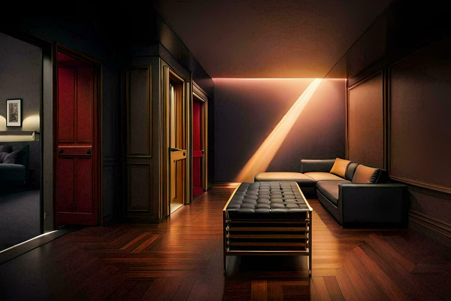 a room with a couch and a light in the corner. AI-Generated photo