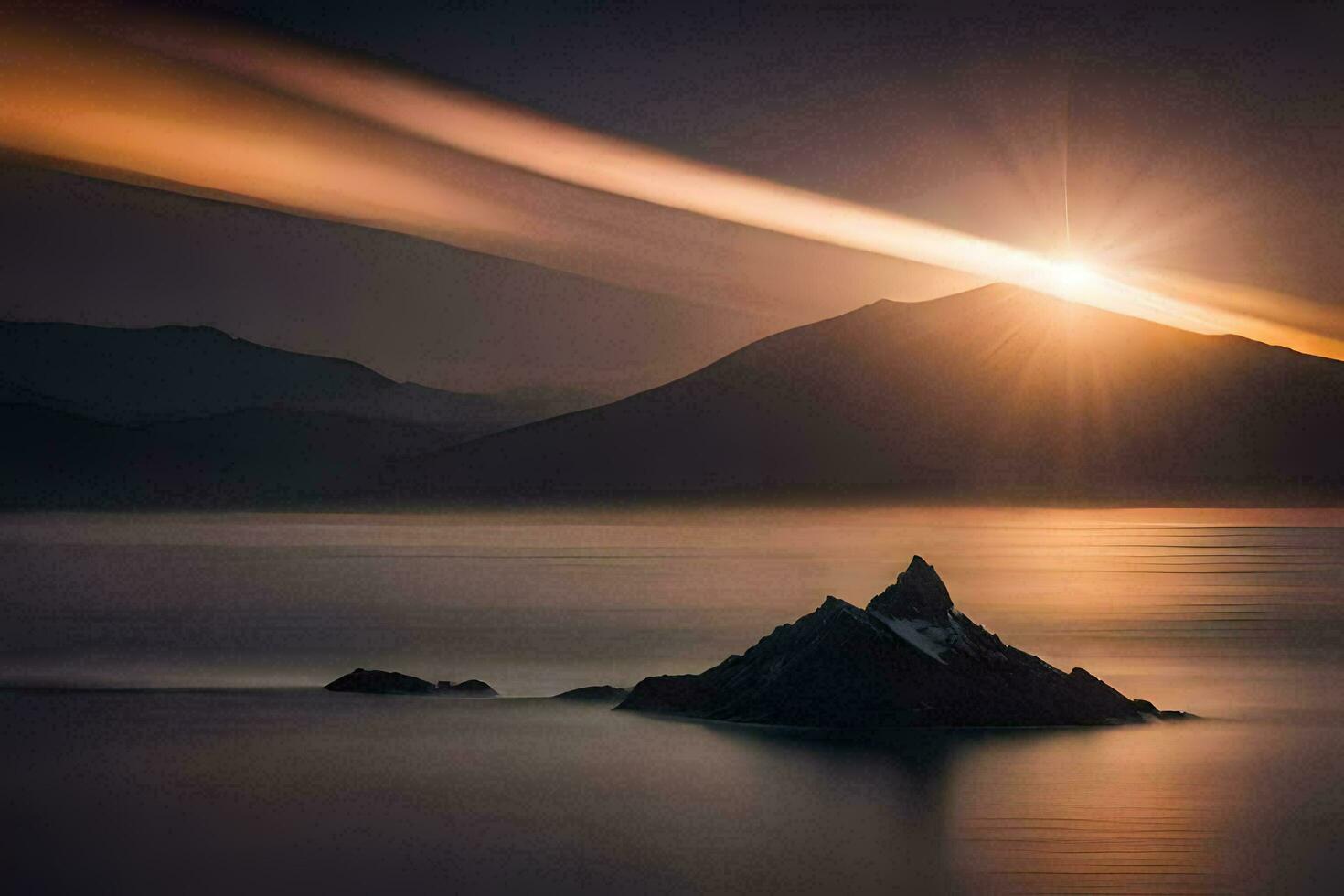 the sun is setting over a mountain in the ocean. AI-Generated photo