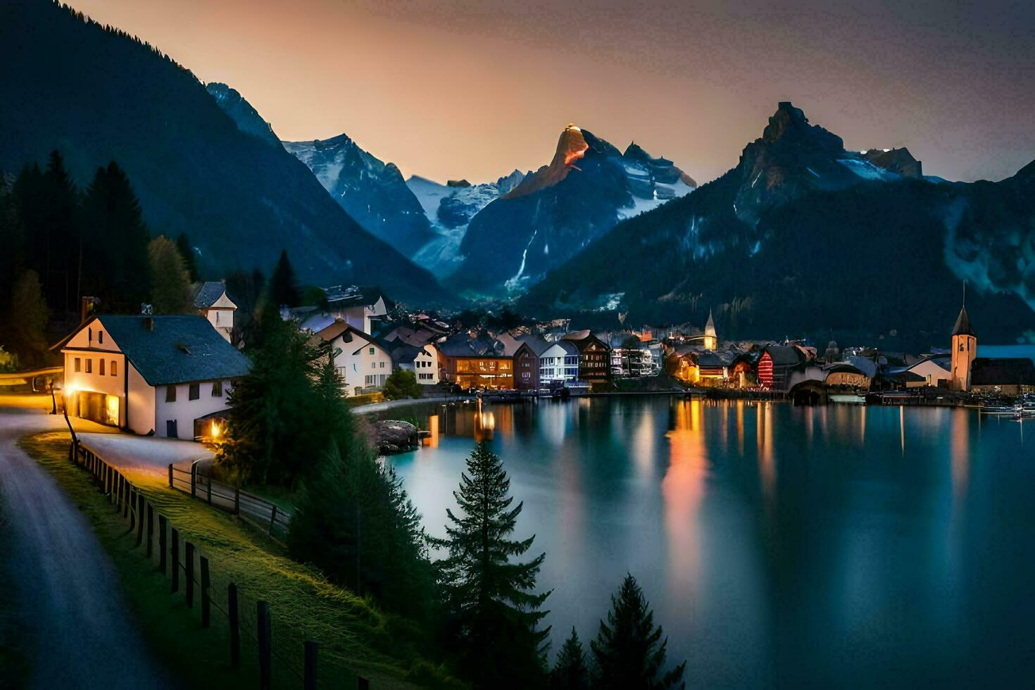 a town sits on the shore of a lake at dusk. AI-Generated photo