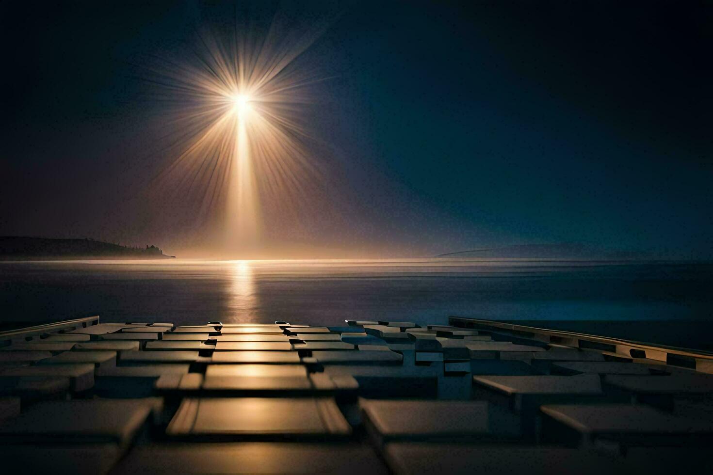 a light shines over the water at night. AI-Generated photo