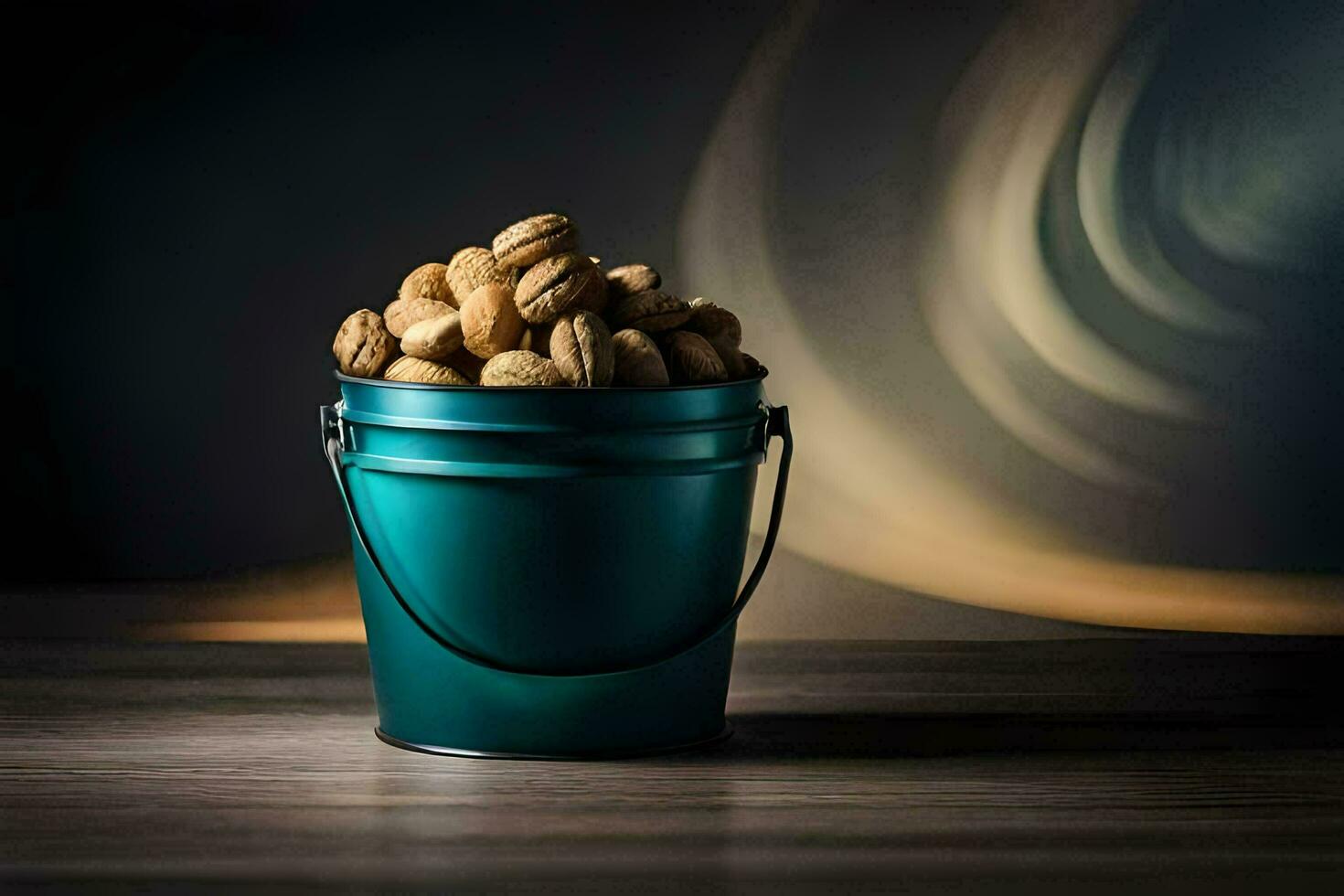 a bucket full of walnuts on a table. AI-Generated photo