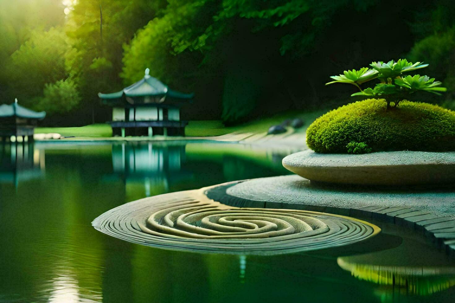 a pond with a small plant in the middle. AI-Generated photo