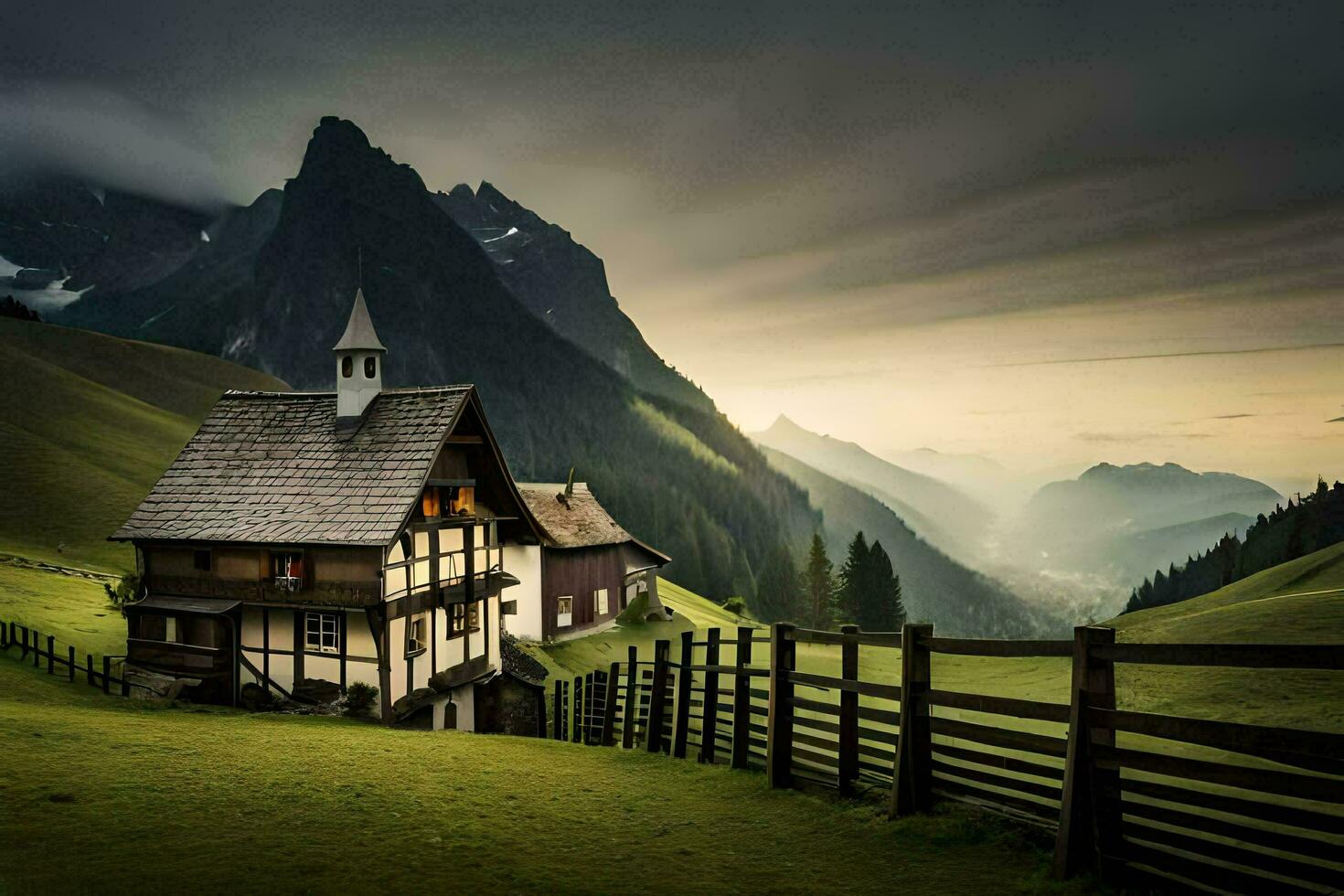 a house in the mountains with a fence. AI-Generated photo