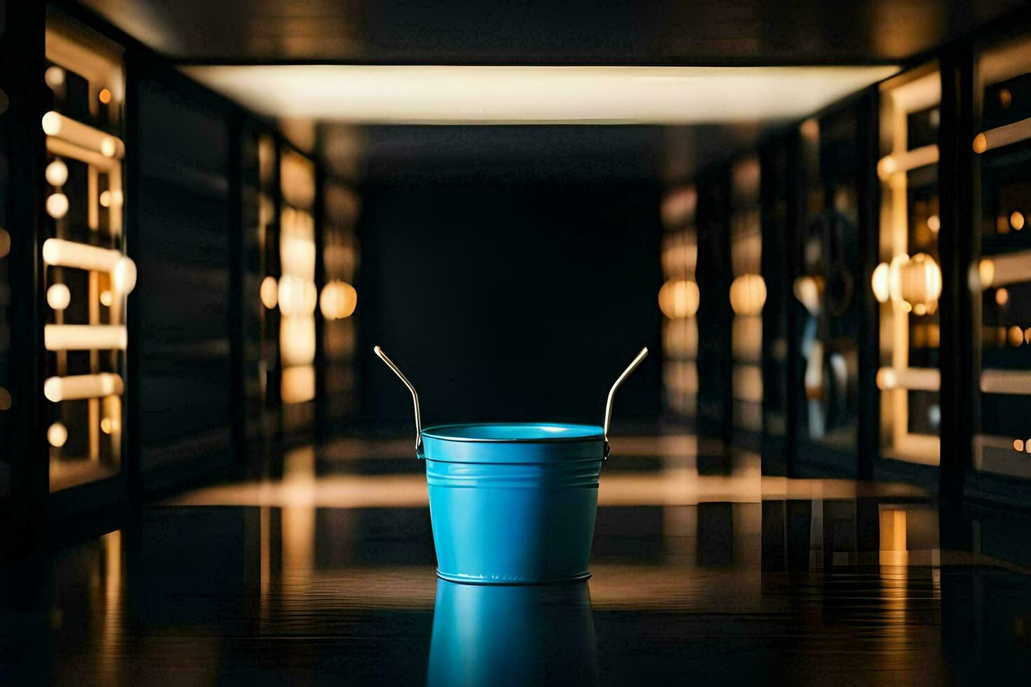 a blue bucket in a dark room. AI-Generated photo