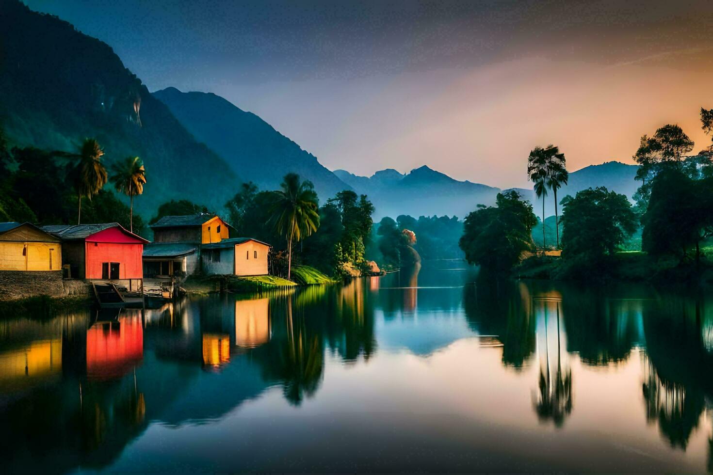 a river in the mountains with houses and trees. AI-Generated photo