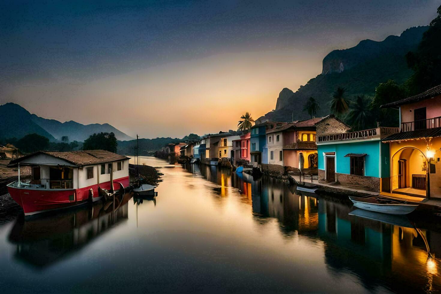 un río en el montañas con vistoso casas generado por ai foto