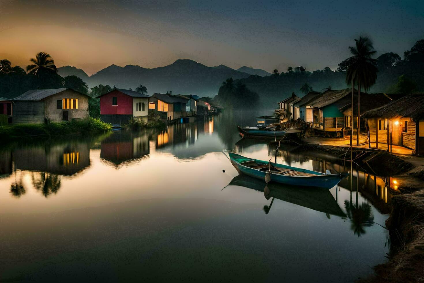 boats are docked in a river at sunset. AI-Generated photo