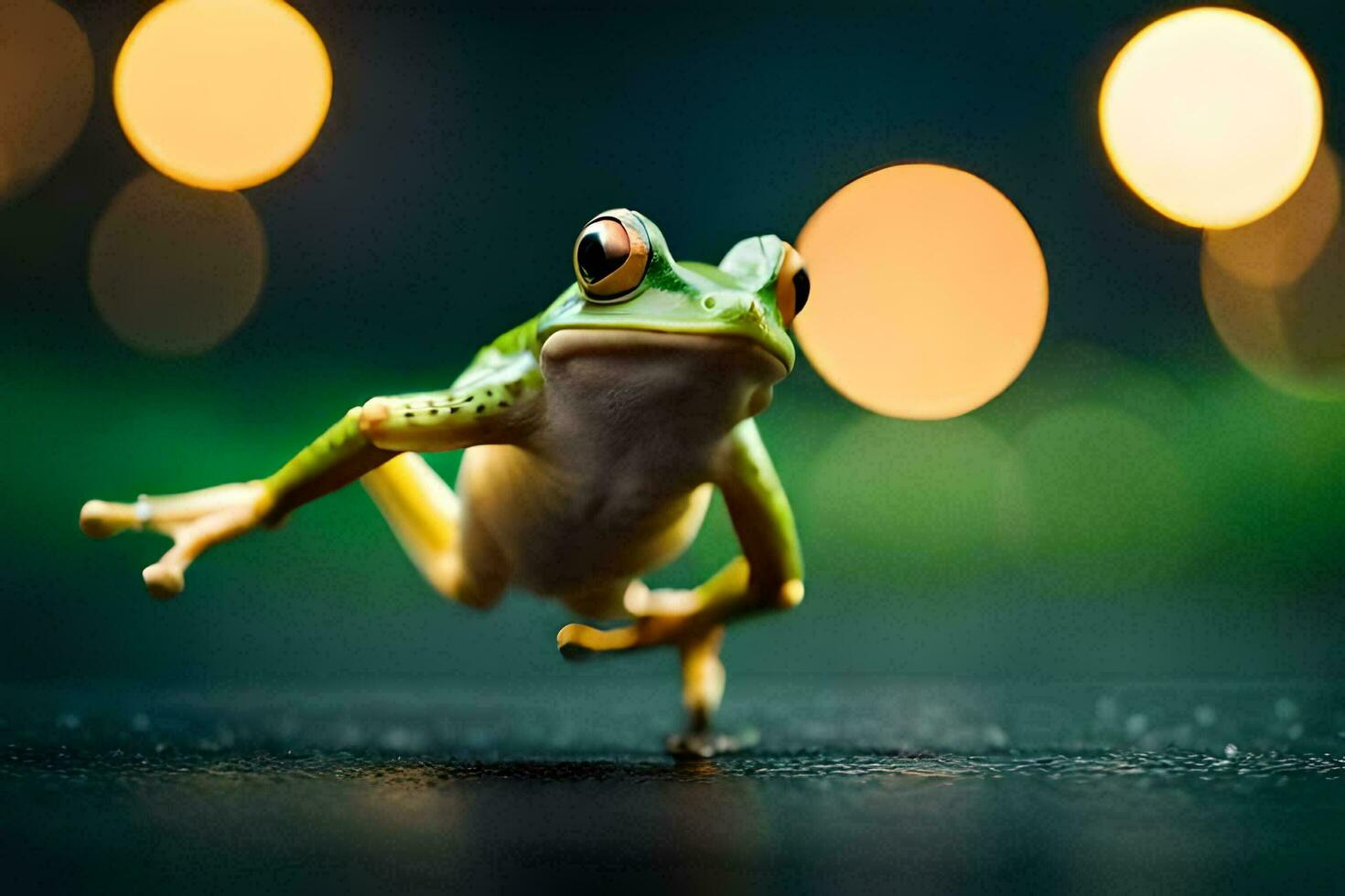a frog jumping on the ground with lights in the background. AI-Generated photo