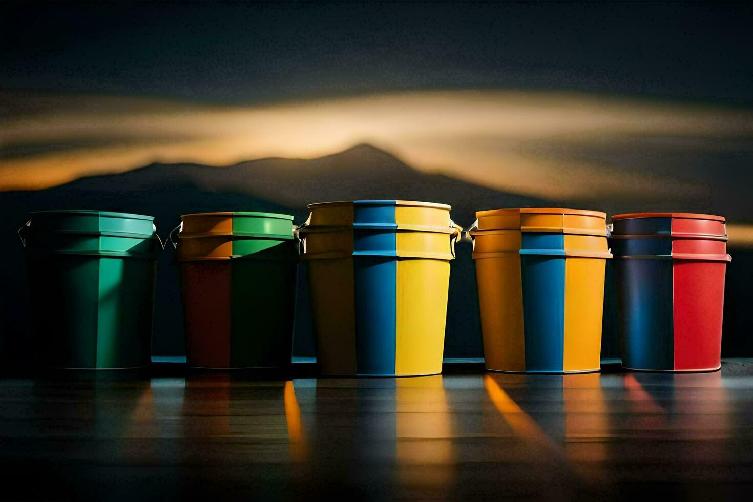 colorful buckets on a table with mountains in the background. AI-Generated photo
