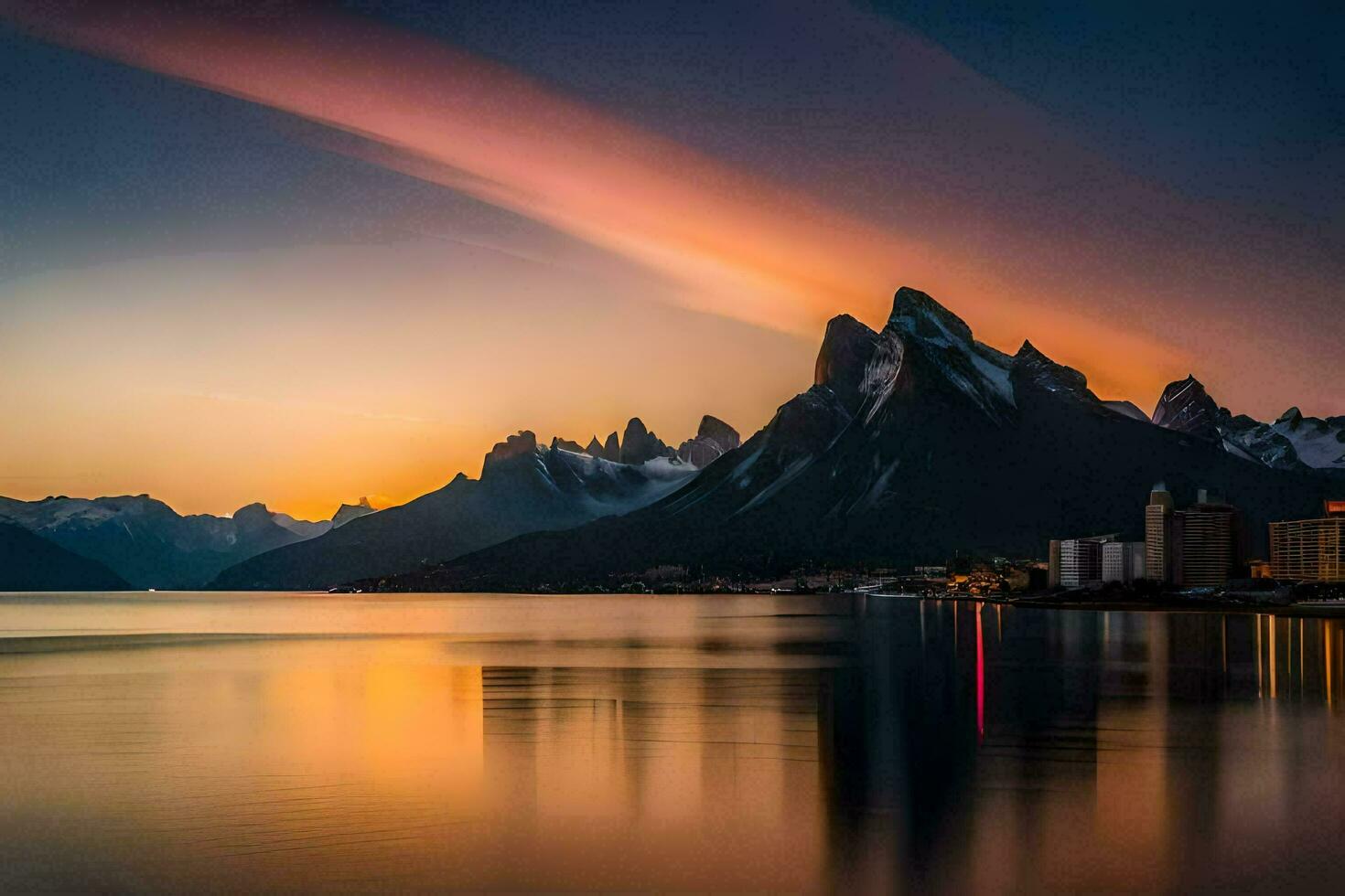 el montañas son reflejado en el agua a puesta de sol. generado por ai foto