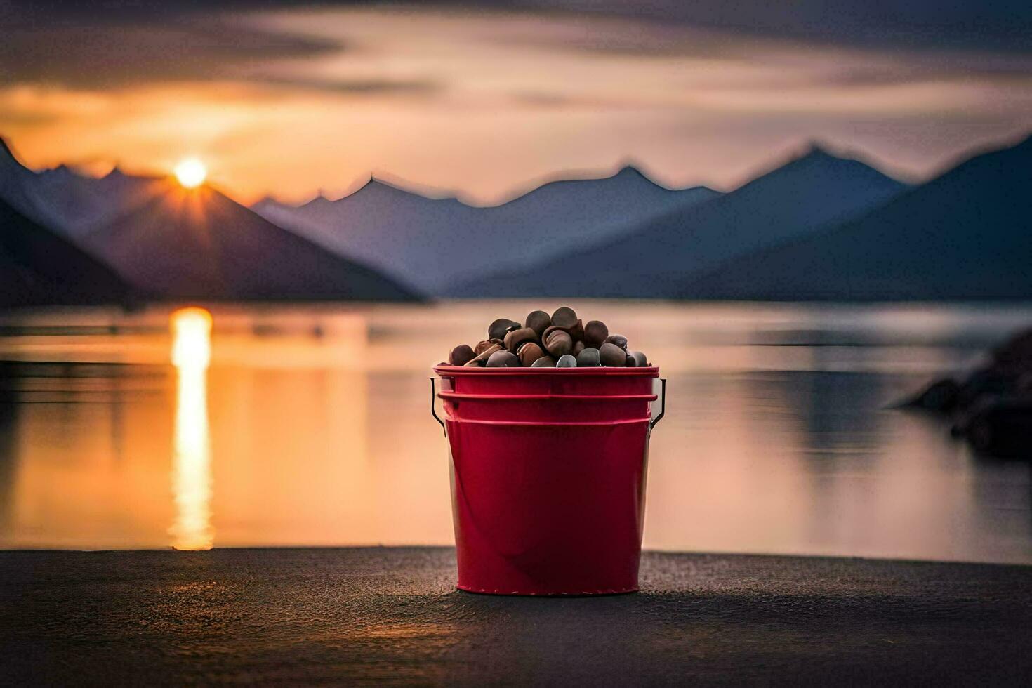 a bucket of nuts sits on the ground near a lake. AI-Generated photo