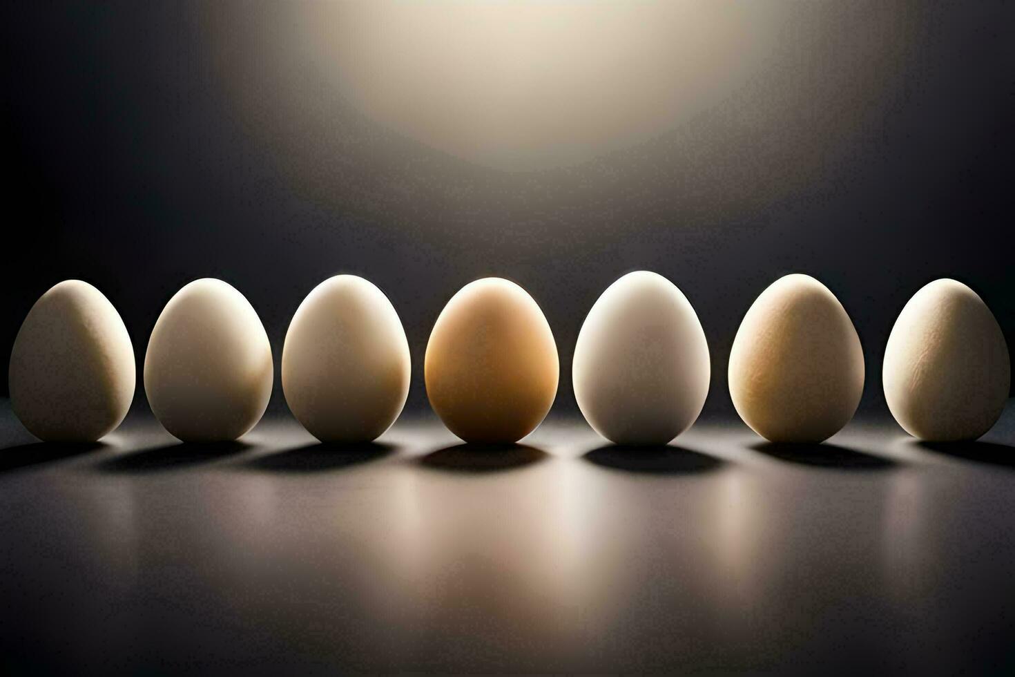 six eggs in a row on a dark background. AI-Generated photo