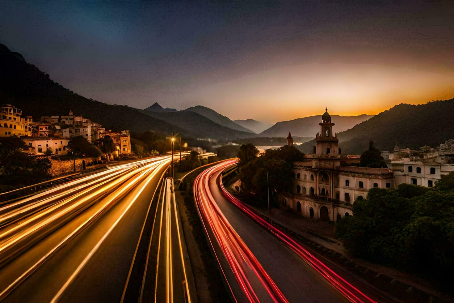 a long exposure photo of a city street at dusk. AI-Generated