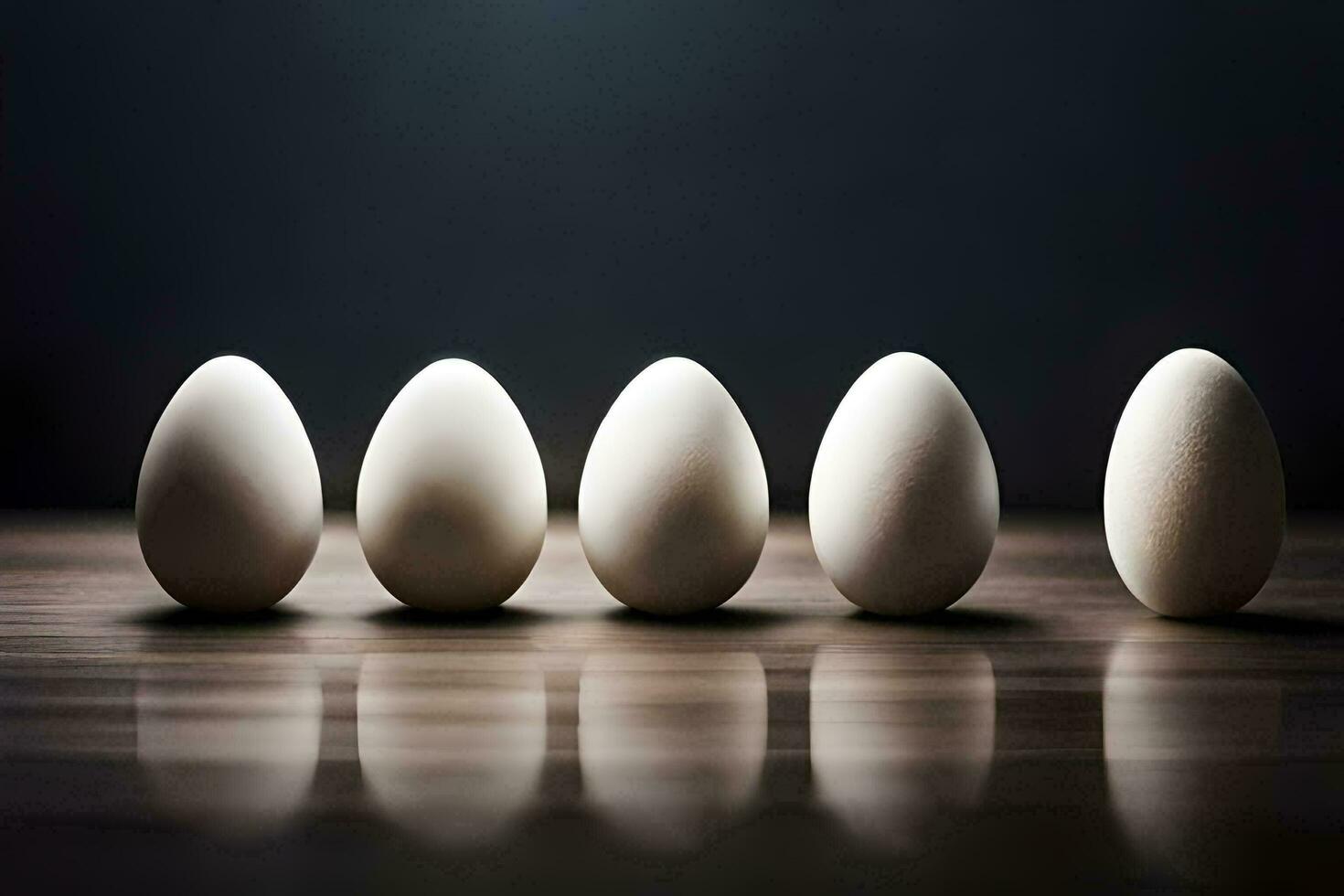 five white eggs are lined up in a row. AI-Generated photo