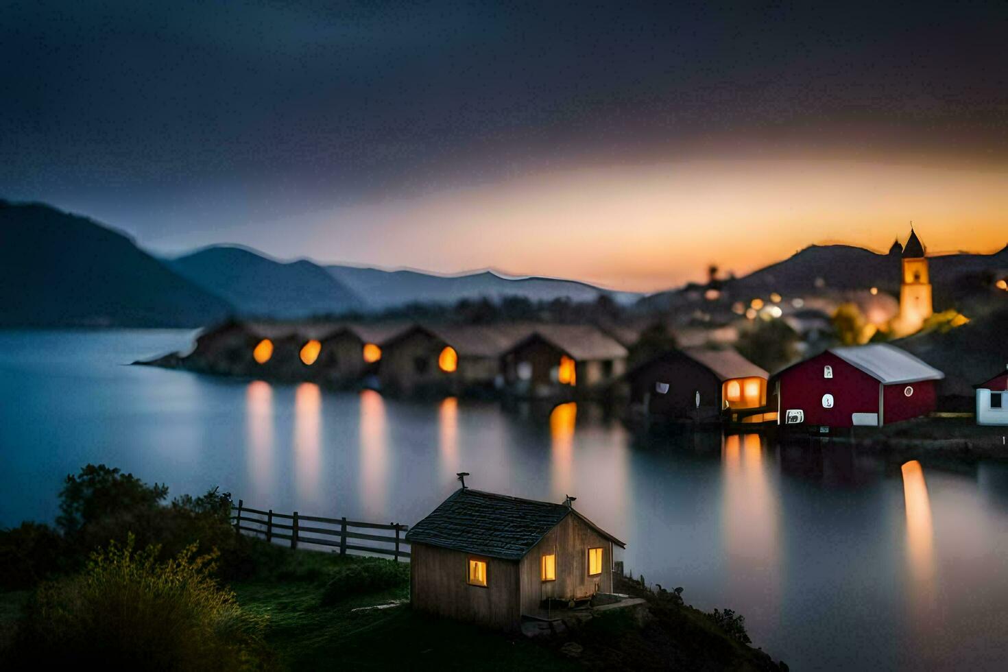 photo wallpaper the sky, water, mountains, houses, the sea, the village, the house. AI-Generated