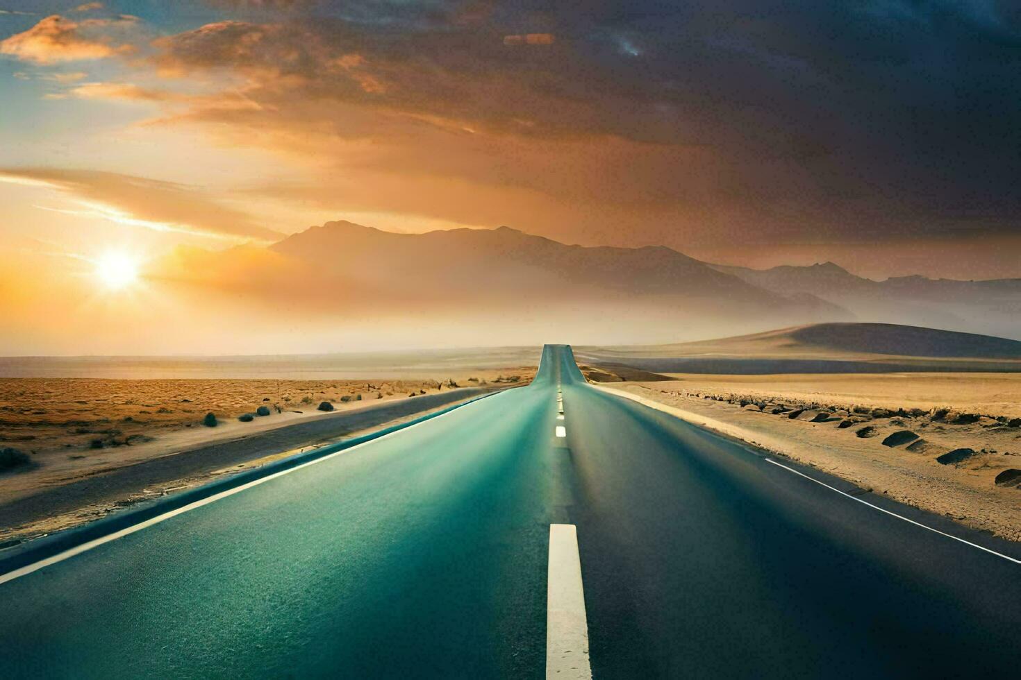 un largo la carretera en el Desierto con el Dom ajuste. generado por ai foto