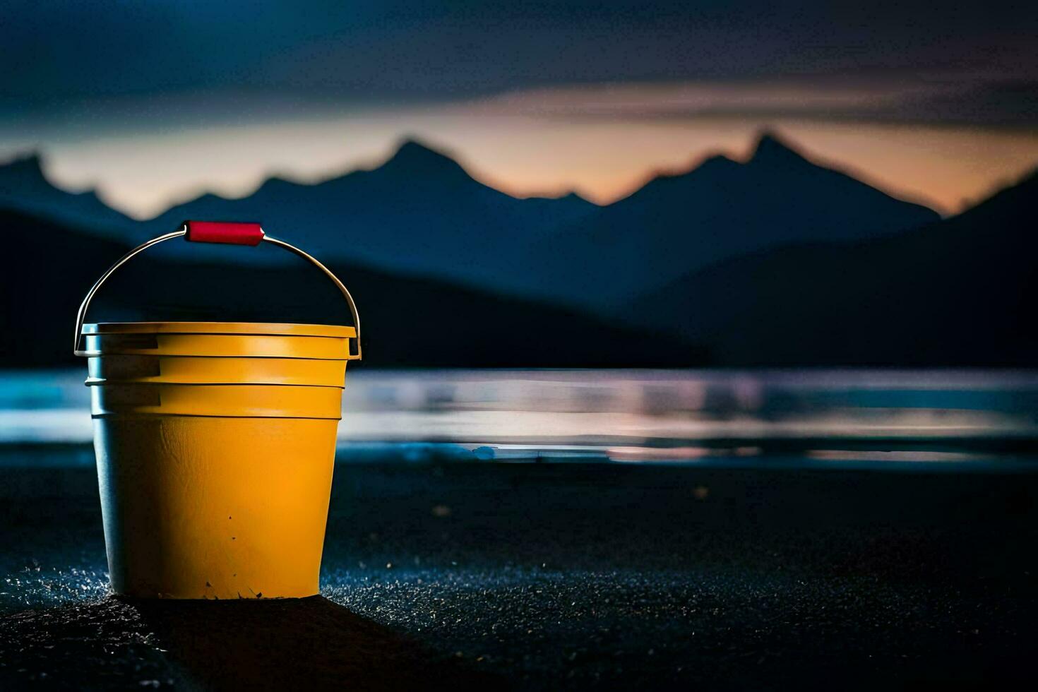 a yellow bucket sitting on the beach at night. AI-Generated photo