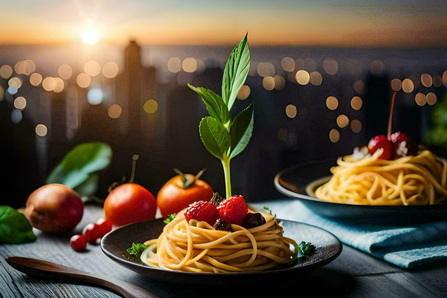 spaghetti with berries and tomatoes on a wooden table. AI-Generated photo