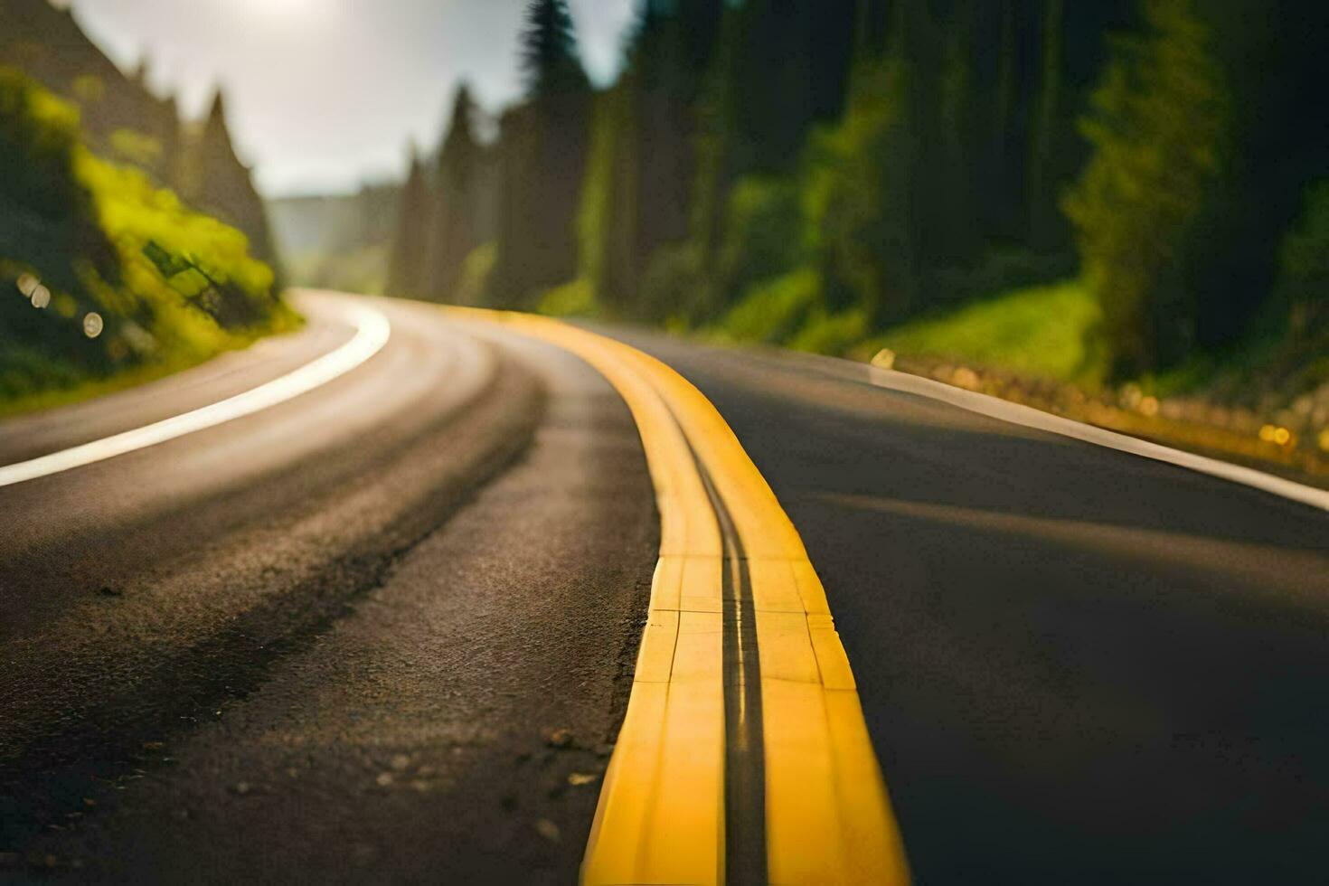 un largo vacío la carretera con amarillo líneas. generado por ai foto