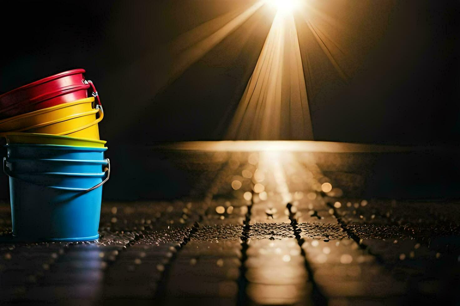 colorful buckets on a rainy day. AI-Generated photo