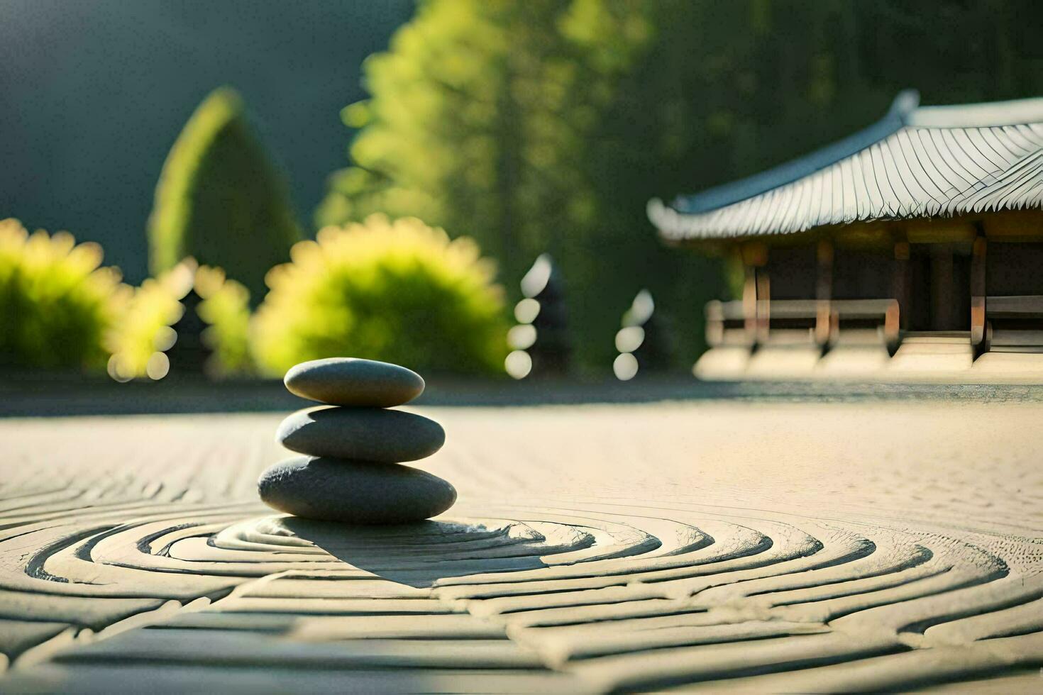 a stone labyrinth in front of a pagoda. AI-Generated photo