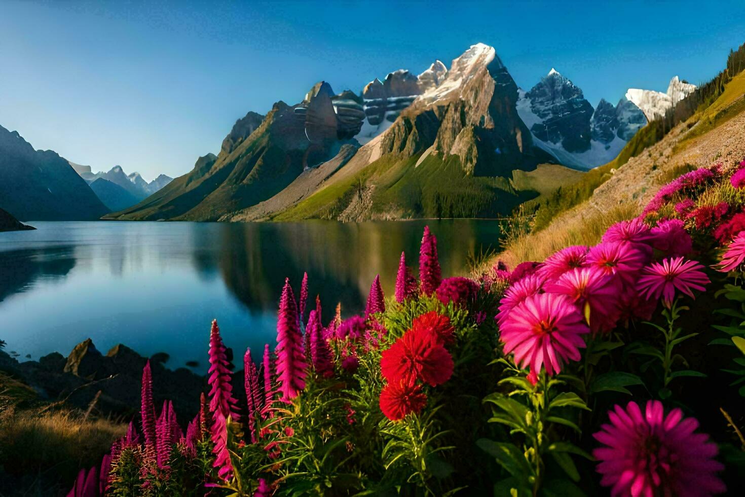 the mountains and flowers are beautiful in this photo. AI-Generated photo
