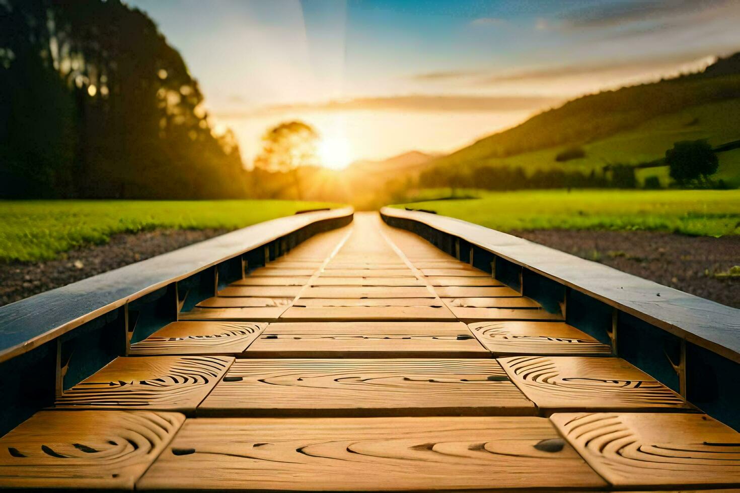 a wooden walkway leading to the sun. AI-Generated photo