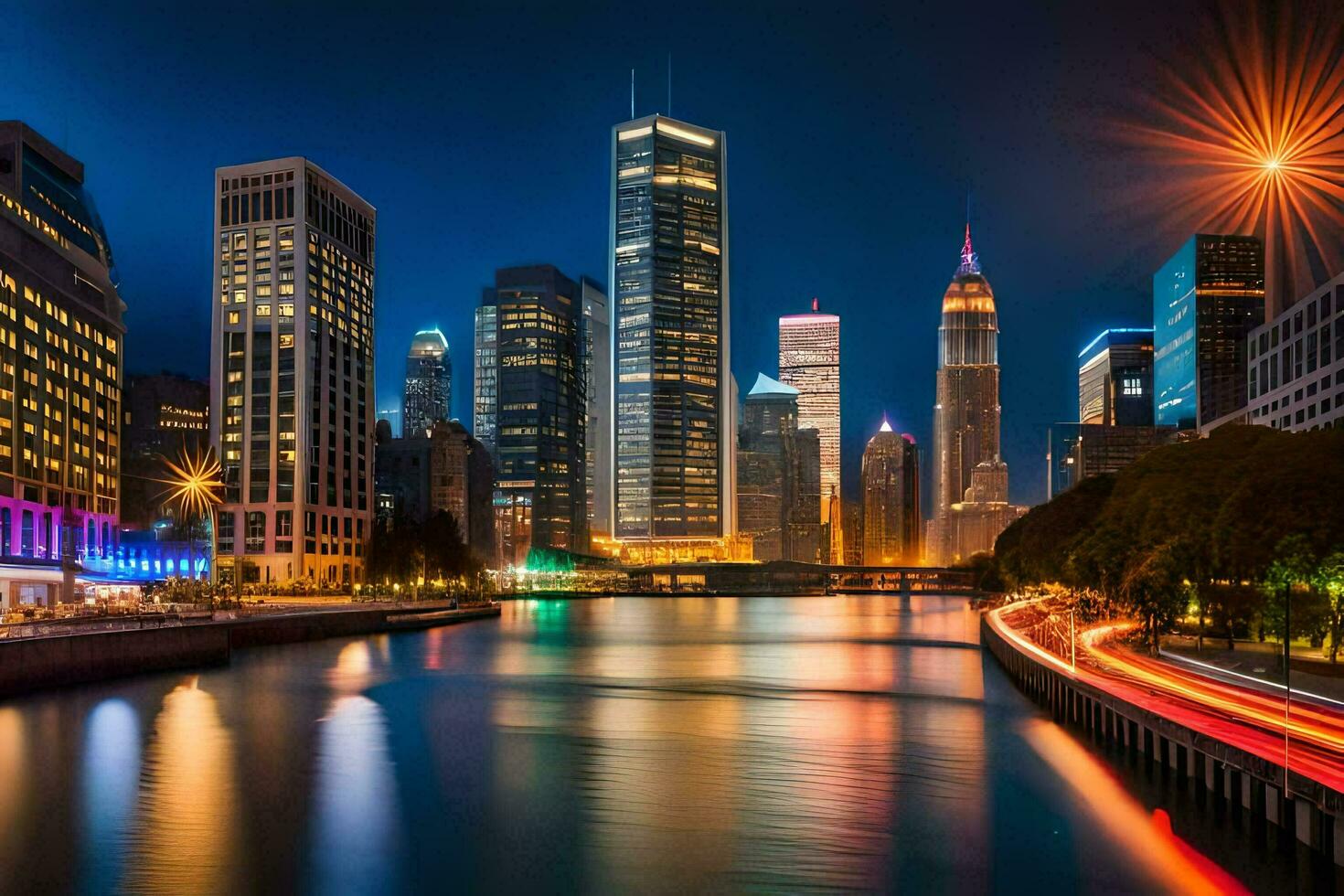 un ciudad horizonte a noche con luces en el edificios generado por ai foto