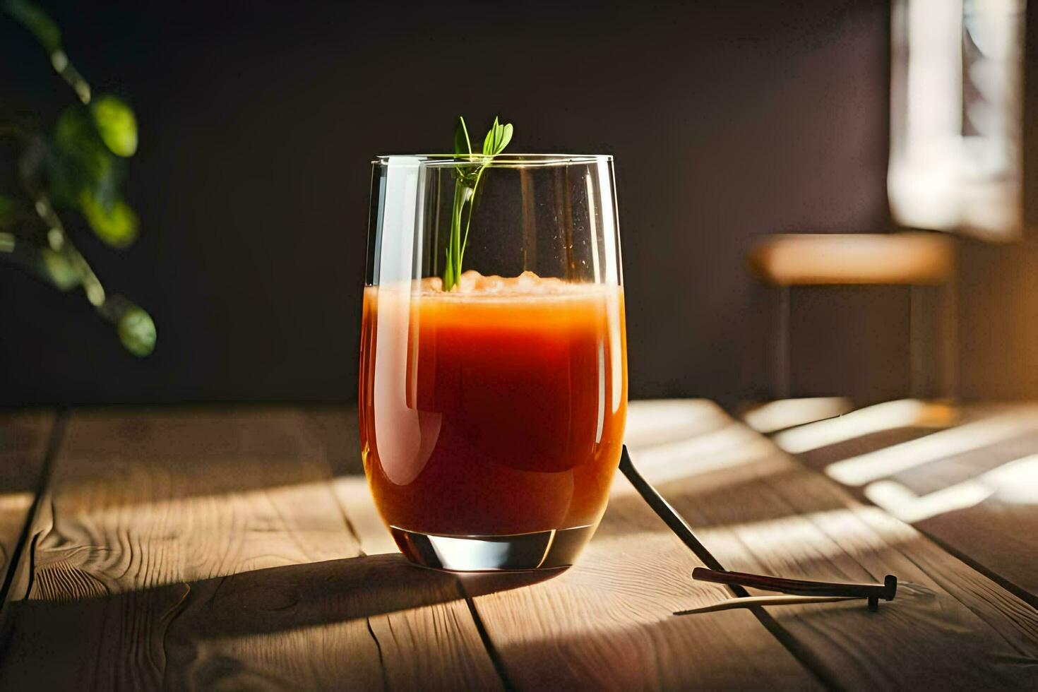 un vaso de sangriento bebida en un de madera mesa. generado por ai foto