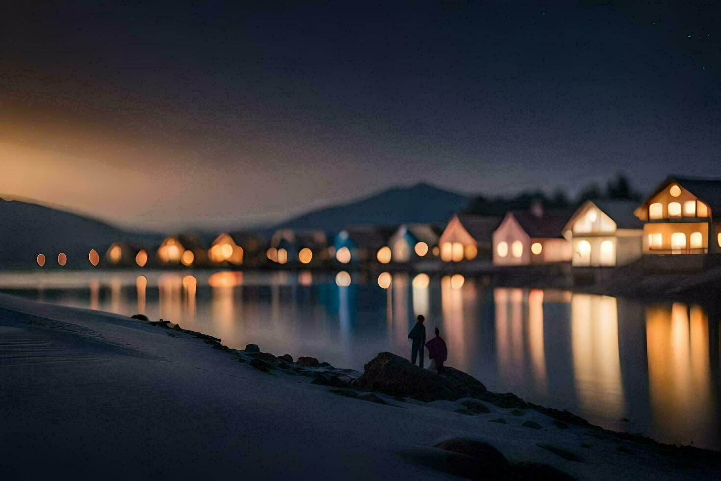 a man stands on the shore of a lake at night. AI-Generated photo