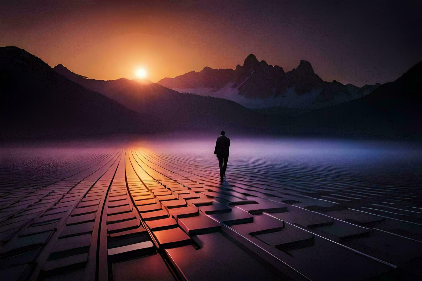 a man stands in front of a mountain at sunset. AI-Generated photo
