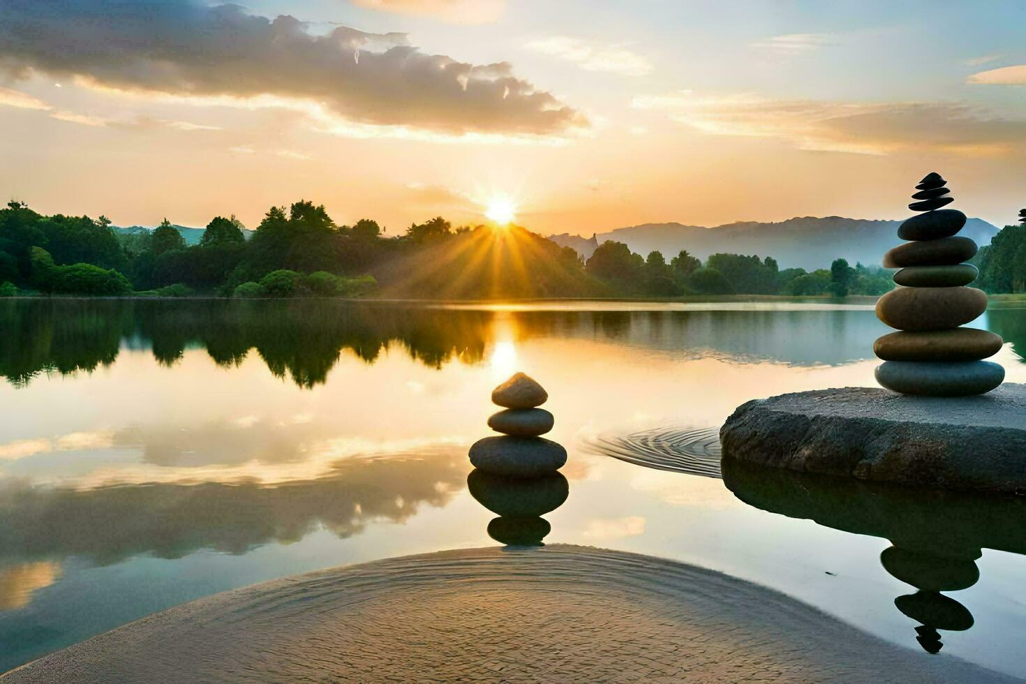 the sun rises over a lake with stones stacked on top. AI-Generated photo