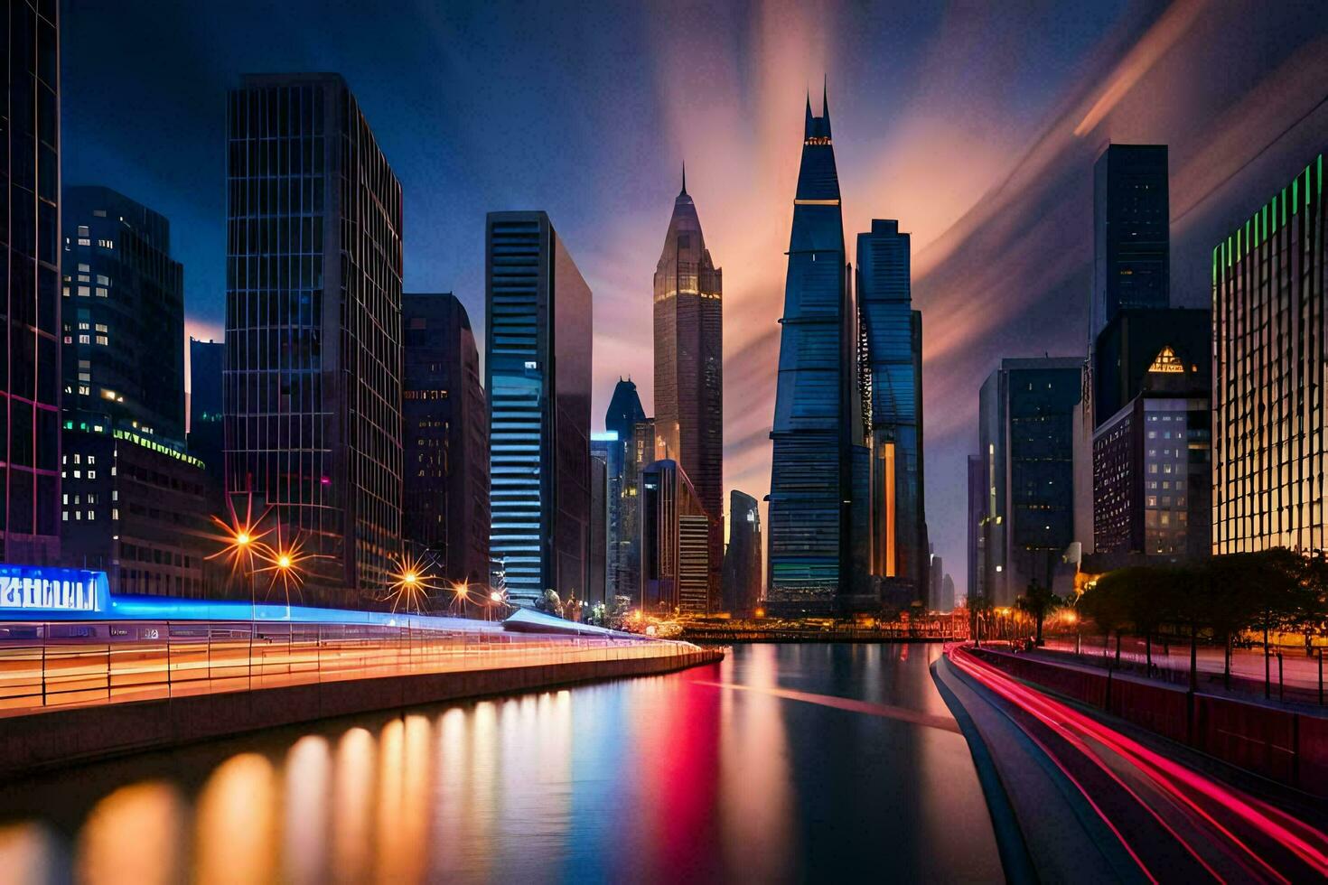 a city at night with lights on the buildings. AI-Generated photo